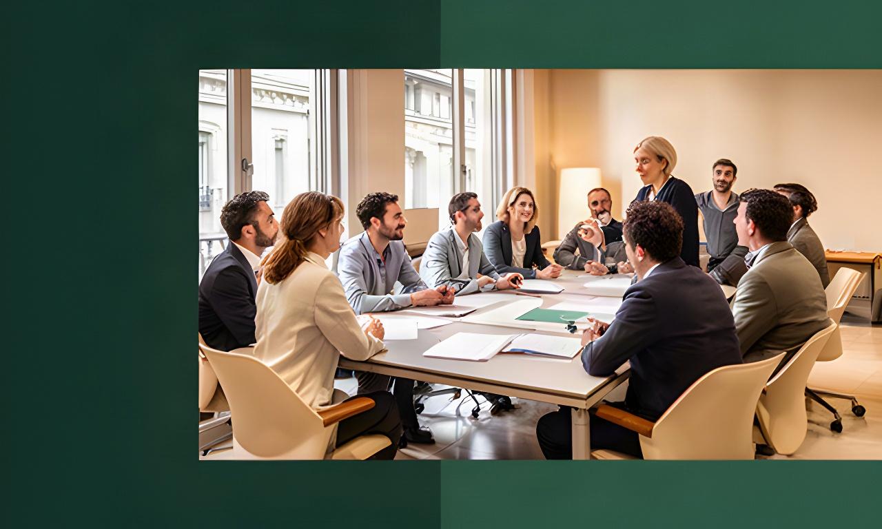 Aula formativa aziendale in Lombardia con manager riuniti attorno a un tavolo durante un esercizio di leadership