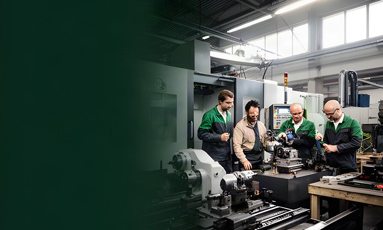 Tecnici e operai specializzati al lavoro accanto a macchinari in una moderna officina lombarda