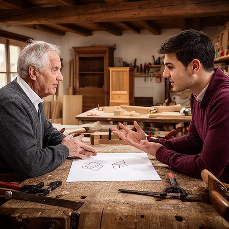 Due generazioni di imprenditori discutono un piano di successione in una falegnameria lombarda