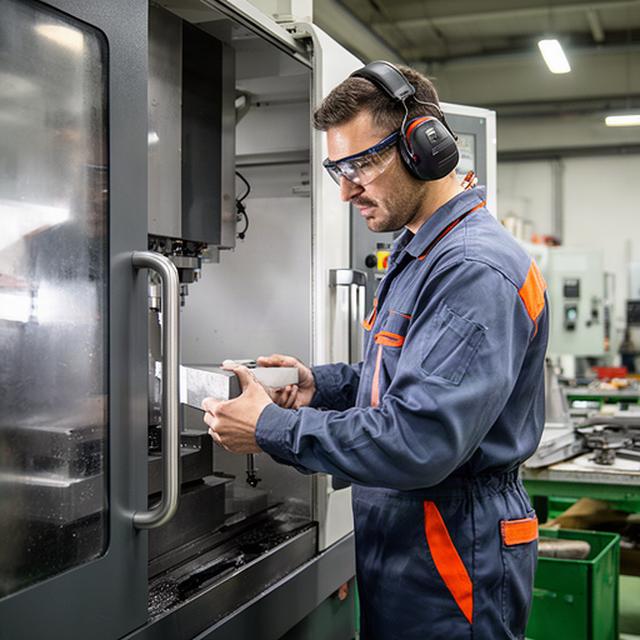 Operaio specializzato al lavoro in un reparto metalmeccanico bergamasco