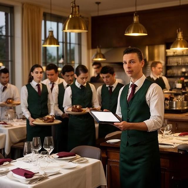 Responsabile di sala che coordina il personale in un ristorante lombardo